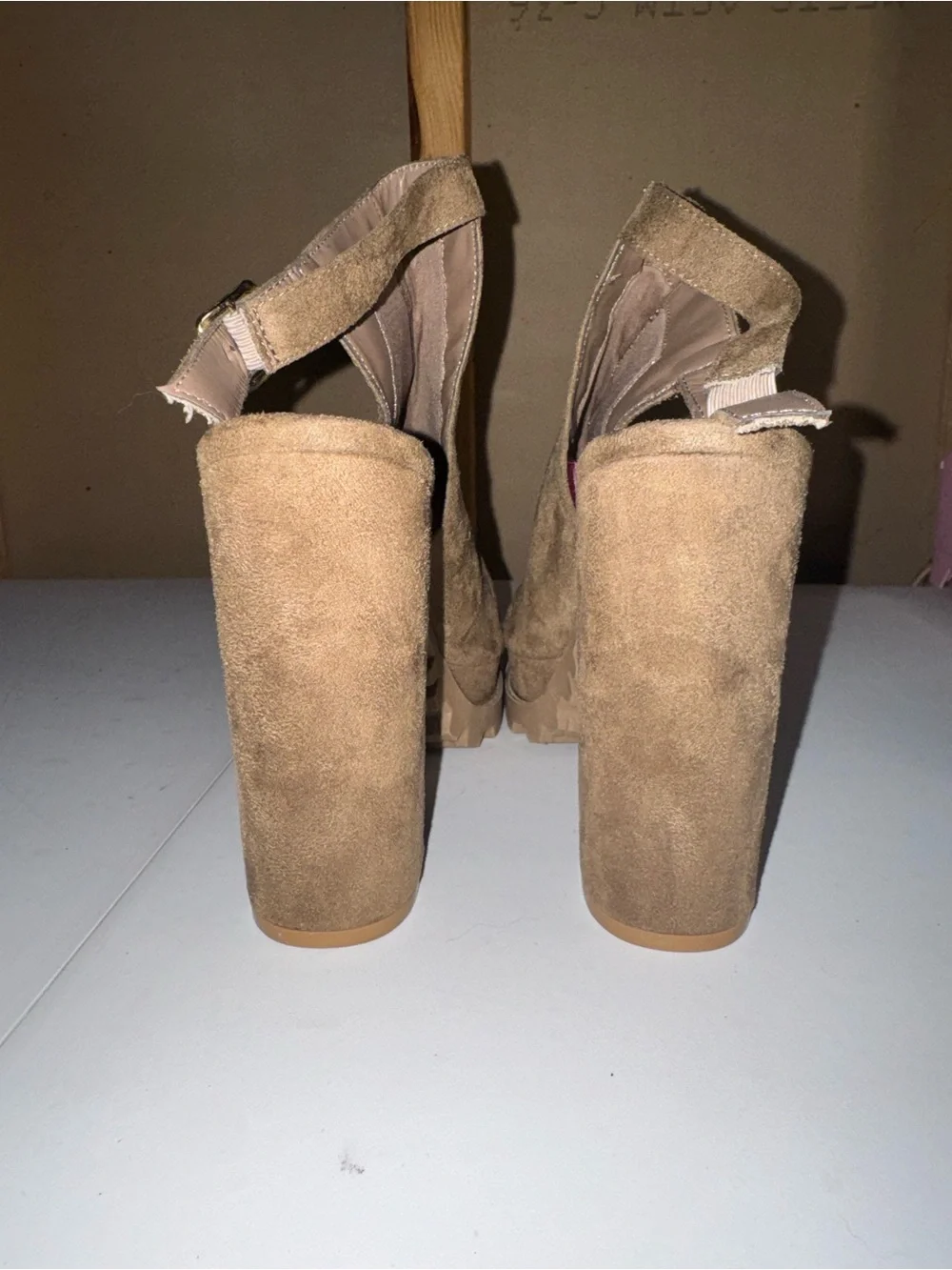 Wild Diva Tan Suede Platform Peep-Toe Block Heels